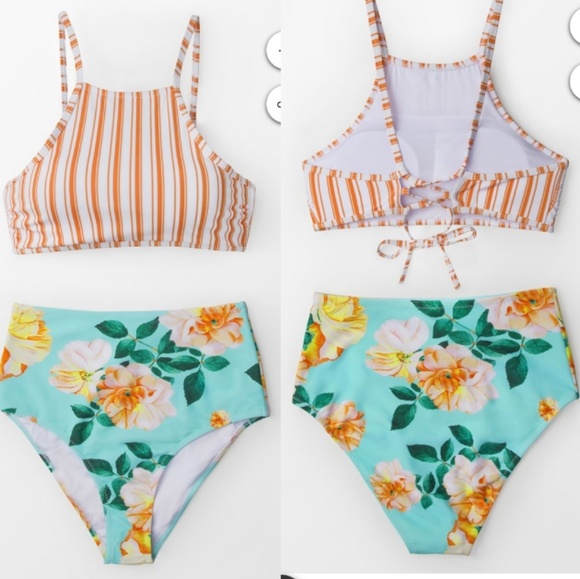 Cupshe Other - ORANGE STRIPE AND FLORAL HIGH-WAISTED BIKINI
